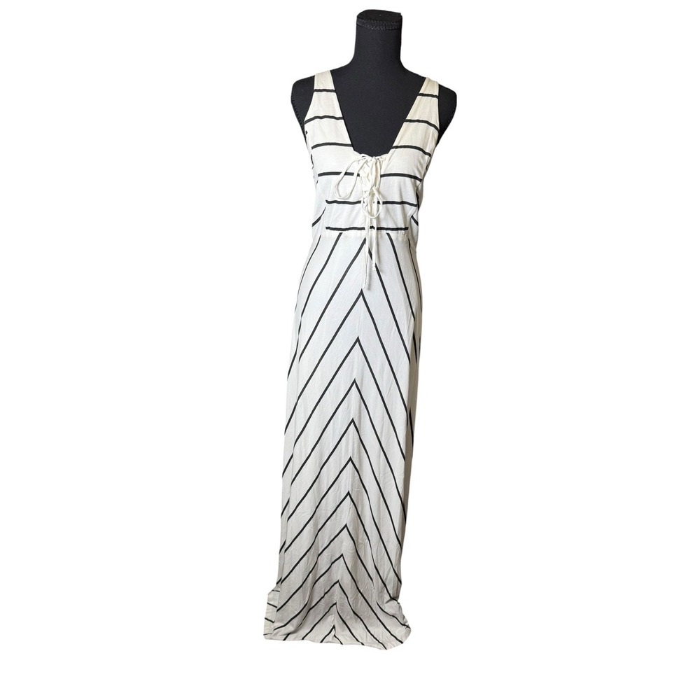 C&C California Maxi Dress Women‎ Large White Black NWT Striped Lace Up V-Neck